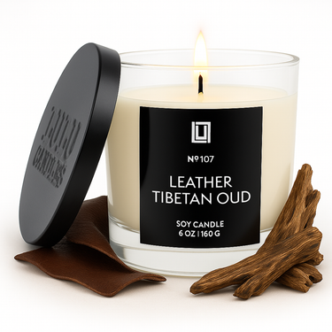 Leather & Tibetan Oud | Luxury Scented Candle | 6 Oz. with Black Lid