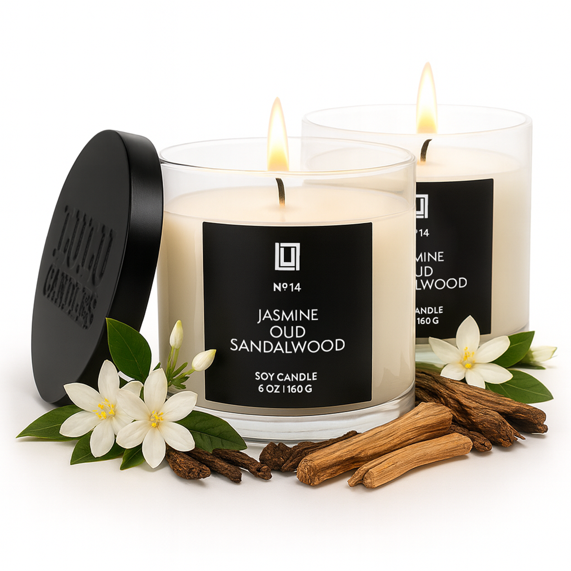 Jasmine, Oud & Sandalwood | Luxury Scented Candle | 2Pack - 6 Oz