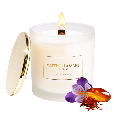 Saffron & Amber Intense | 9 Oz. Frosted Jar Candle w/ Gold Lid