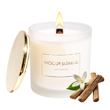 Woody Jasmine | 9 Oz. Frosted Jar Candle w/ Gold Lid